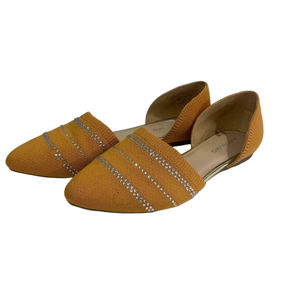 Andiamo pointed toe flats mustard colored with rhinestones Sz 8